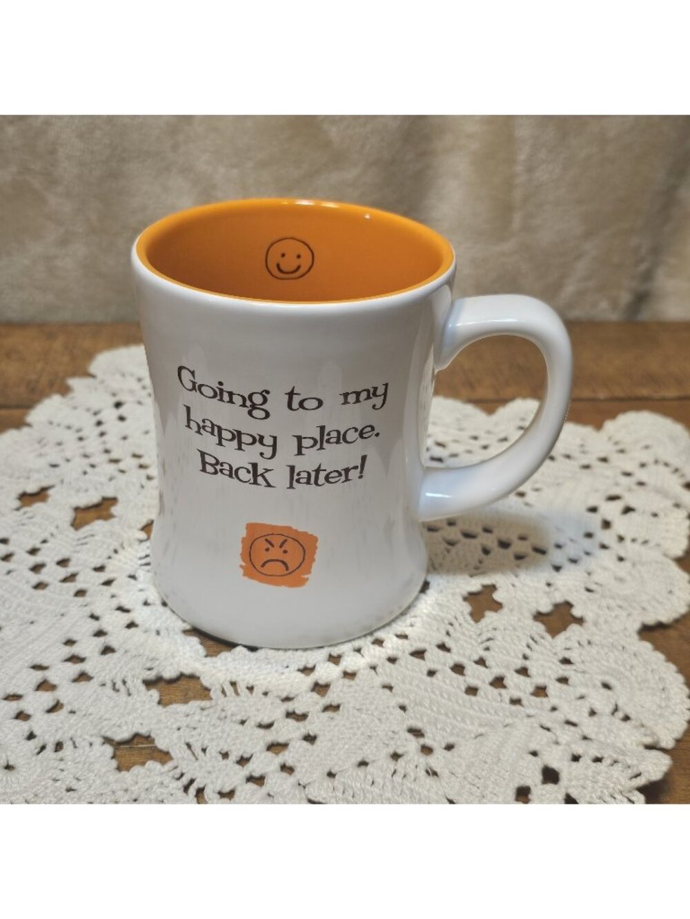 HTF Cracker Barrel White/Orange " Going To My Happy Place Back Later"  Cup